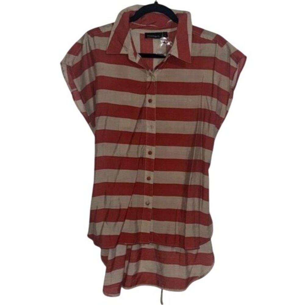 Feathers Red & Beige Striped Short Sleeve Button-Up Blouse With Tie Waist - Size